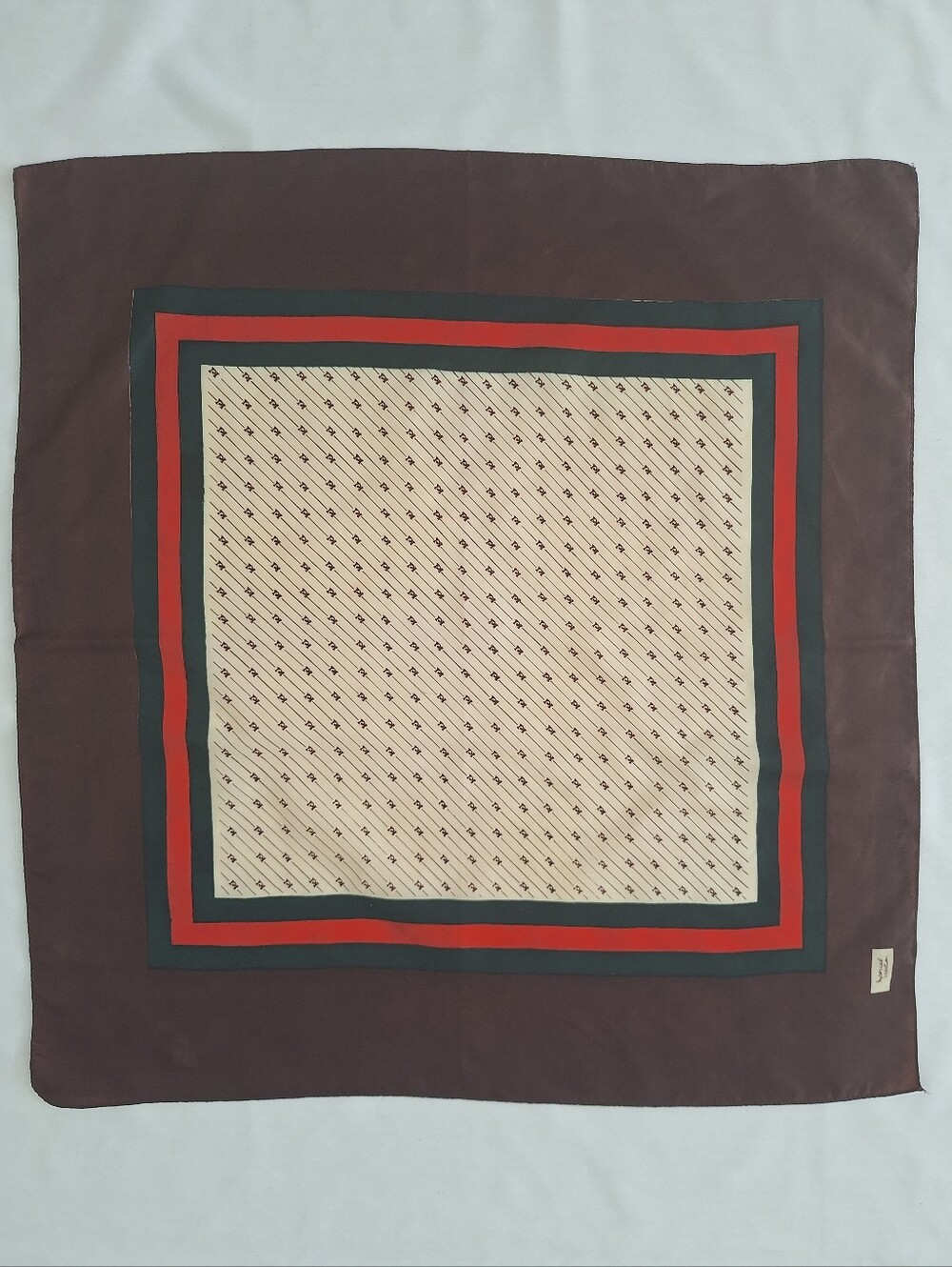 Vintange Imperial Creation Brown, Cream & Red Square Scarf - Classic Pattern